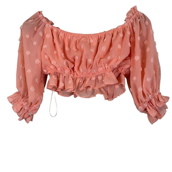 Juliana’s Crop Top Womens M Pink Swiss Dot Sheet Off the Shoulder Cottagecore - Picture 2 of 4